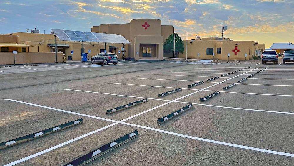 New parking lot in front of the community services complex