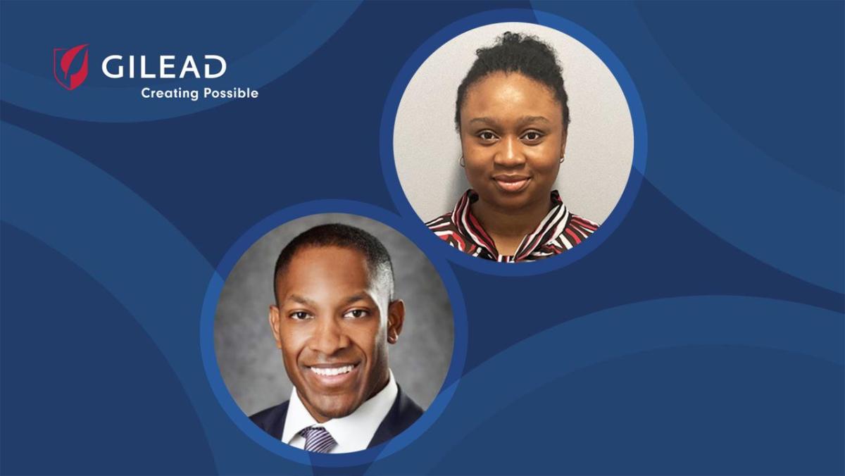 Headshots of two people on a blue background with the Gilead logo 