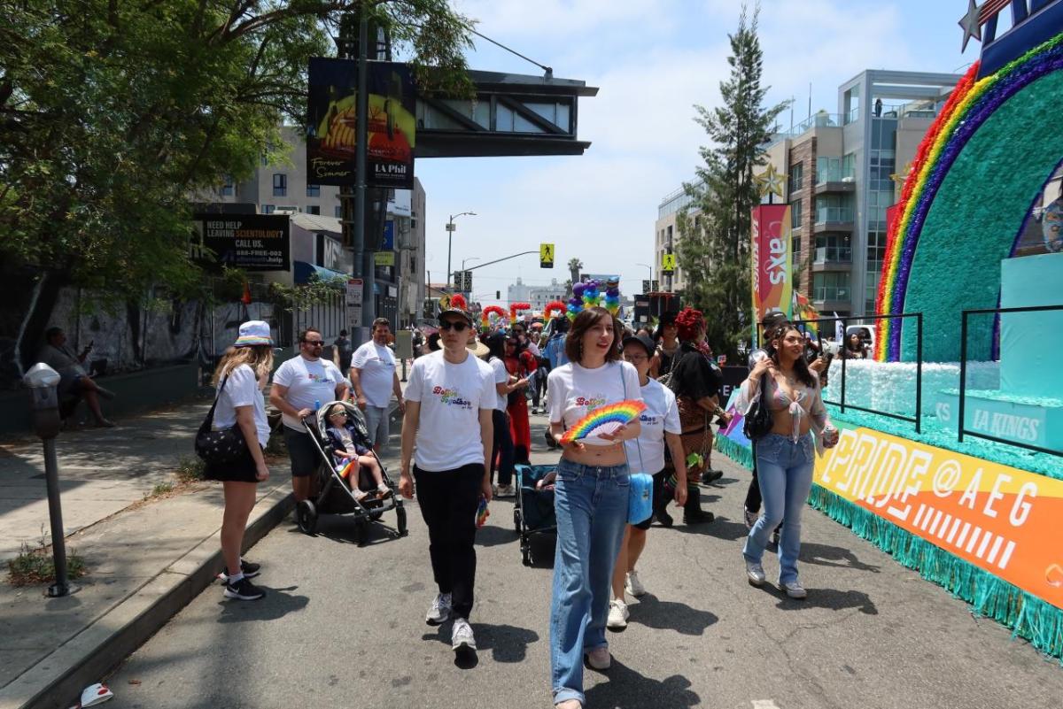 AEG employees marched alongside the company’s float during the 55th Annual LA Pride celebration on June 8, 2025. 