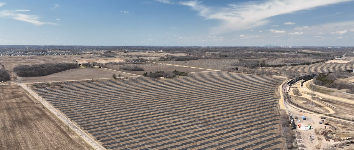aerial view of many acres of solar panels