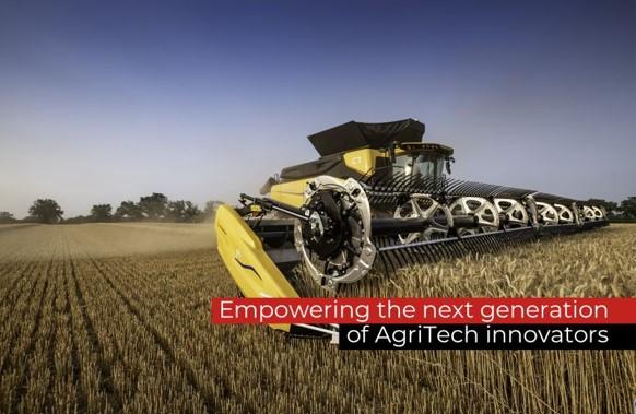 A piece of agricultural equipment in a crop field with the text "empowering the next generation of AgriTech Innovators"