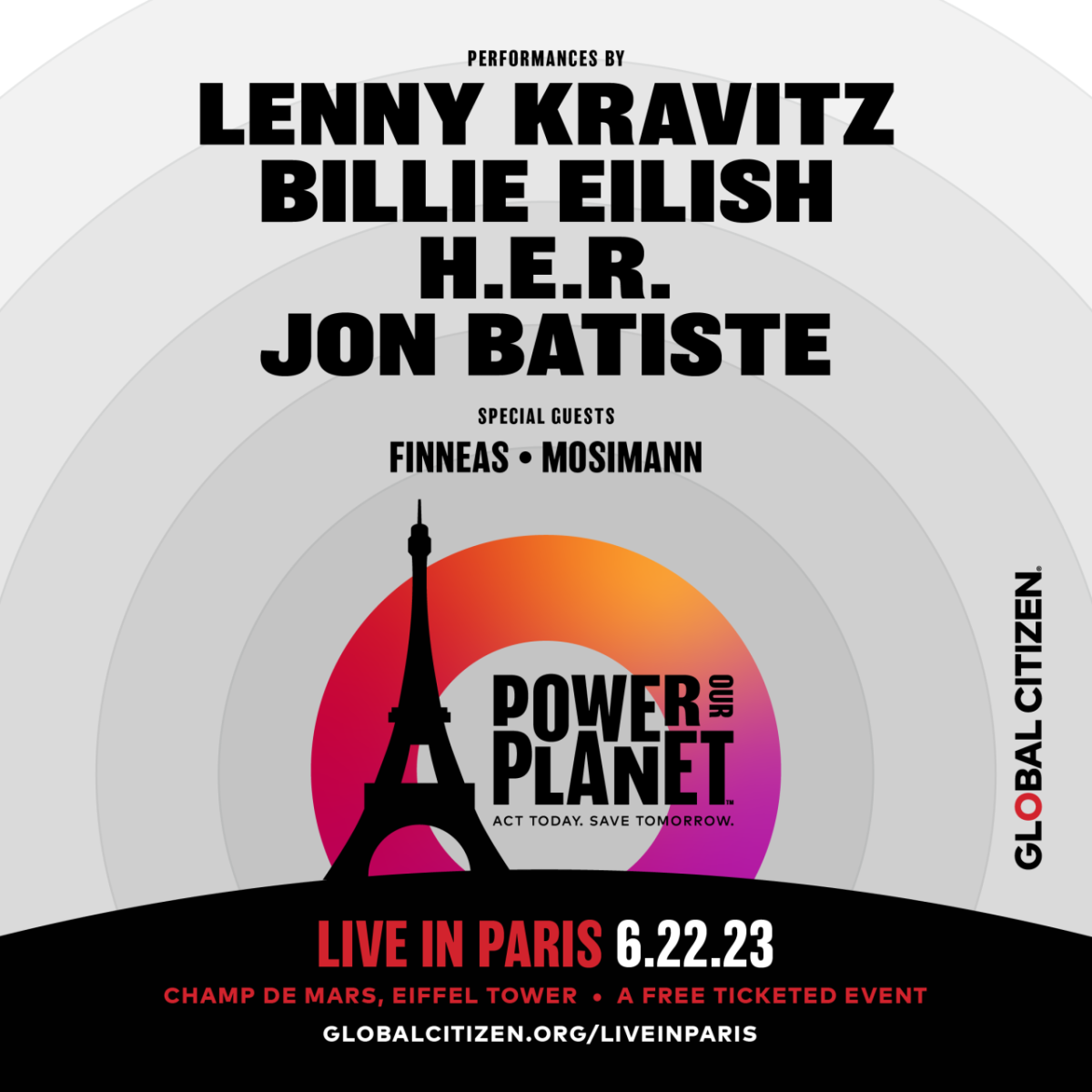 "Performances by Lenny Kravitz, Billie Eilish, H.E.R., Jon Batiste. Special guests FINNEAS, Mosimann. Power our Planet"