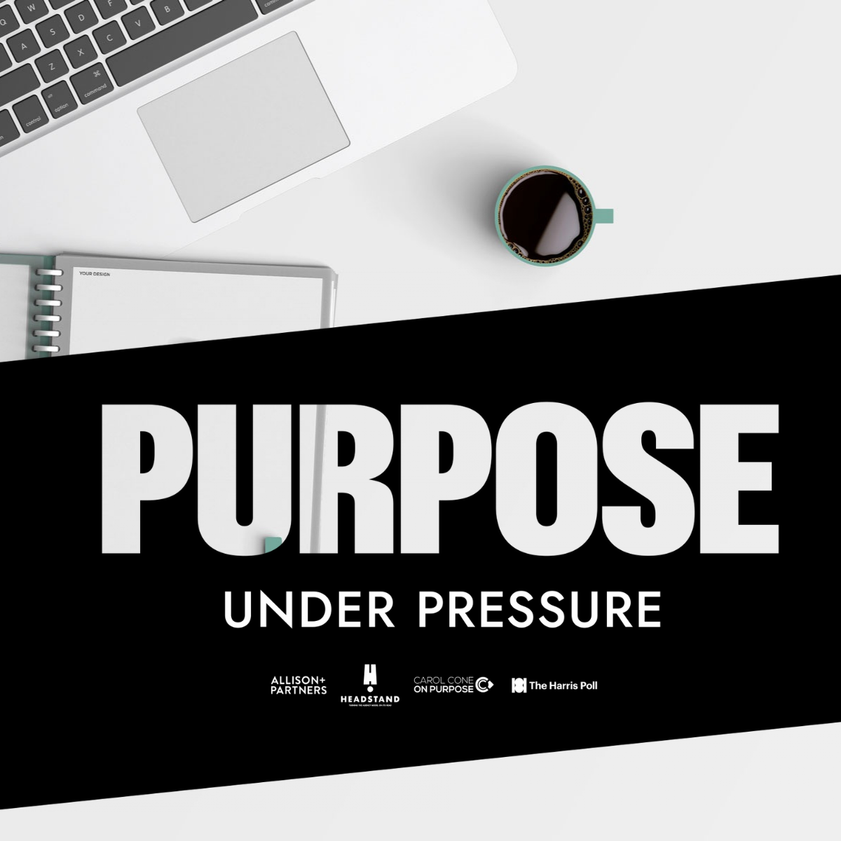 "Purpose Under Pressure" with black and white image of a computer and notebook