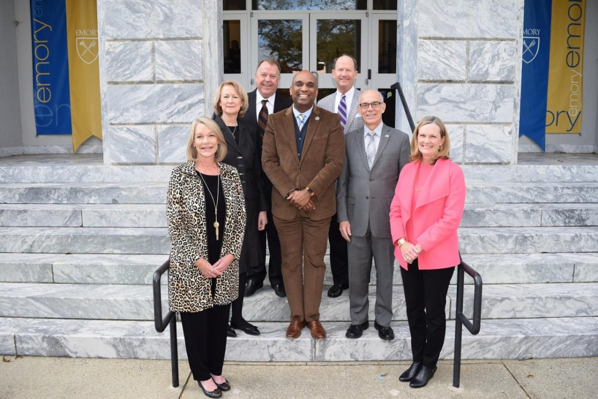 Photo courtesy of Ray C. Anderson Foundation. Front row - (L-R): Ray C. Anderson Foundation Trustee, Harriet A. Langford, University of Georgia Interim Provost Libby Morris, Emory Provost Dwight McBride, Georgia Tech Provost Rafael Bras, Ray C. Anderson Foundation Trustee, Mary Anne Lanier. Back row - (L-R) Ray C. Anderson Foundation Trustees Phil Langford and James A. Lanier, Jr. Emory, University of Georgia, and Georgia Tech are the founding partners of the Georgia Climate Project.