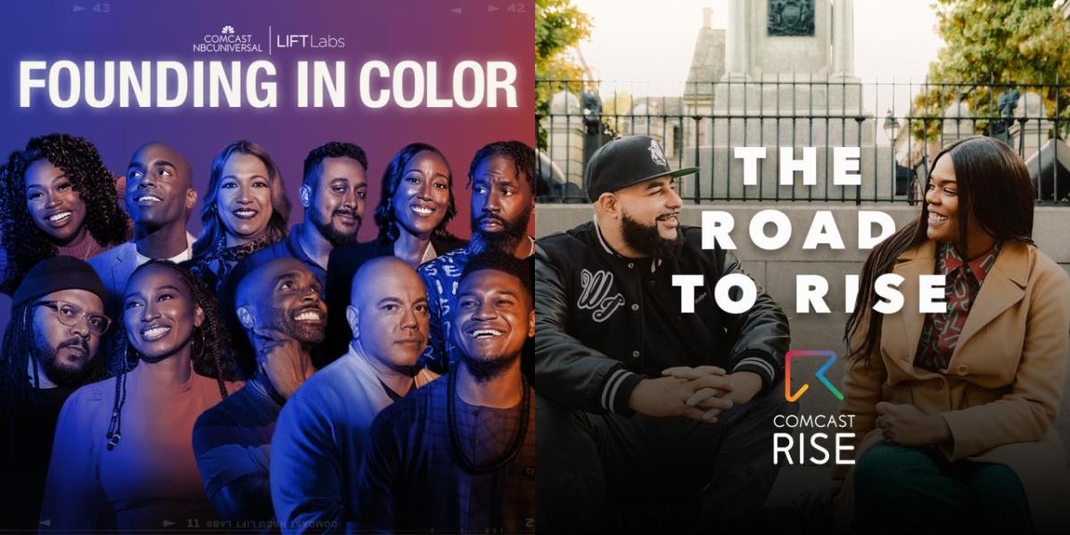 Collage of two photos: Left- "Founding in Color" with two rows of people. Right- Two people sitting in front of a monument, smiling at each other. "The road to rise".