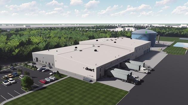 Artist’s rendition of the Divert facility in Longview, WA, expected to enter service by the end of 2024, which will convert 100,000 tons of wasted food through the use of digesters into carbon-negative renewable natural gas. " "