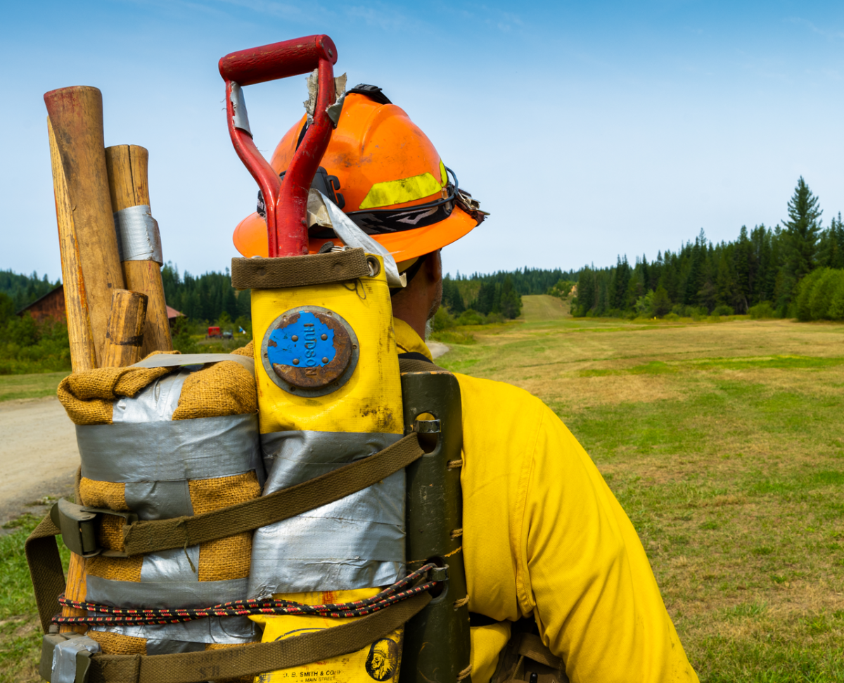 firefighter with trees in the background