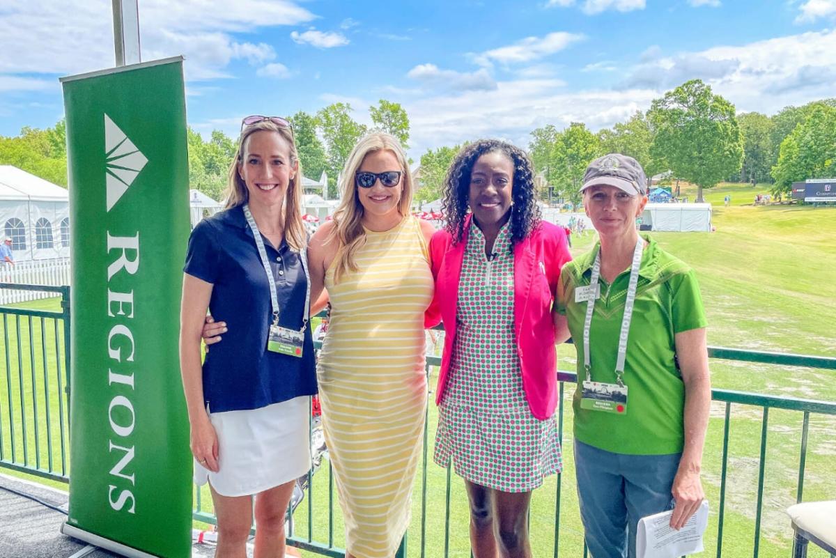 Pictured, from left to right: Kate Danella, head of Regions’ Consumer Banking Group; Tyler Sherman, Regions Tradition assistant tournament director; Shella Sylla, founder & CEO of SisterGolf, Tara Plimpton, Regions general counsel