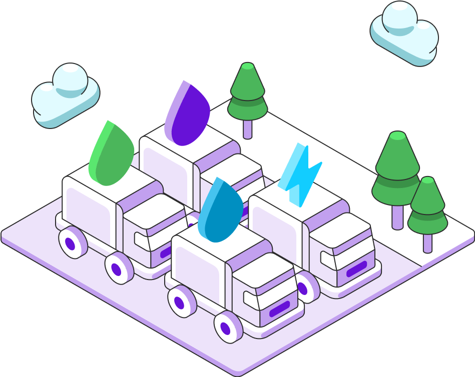 An illustration of a fleet with varying fuel type icons floating above each vehicles.