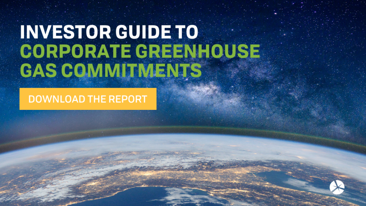 Image of the Earth from Space Reads: Investor guide to Coporate Greenhouse Gas Commitements. Download the Report.