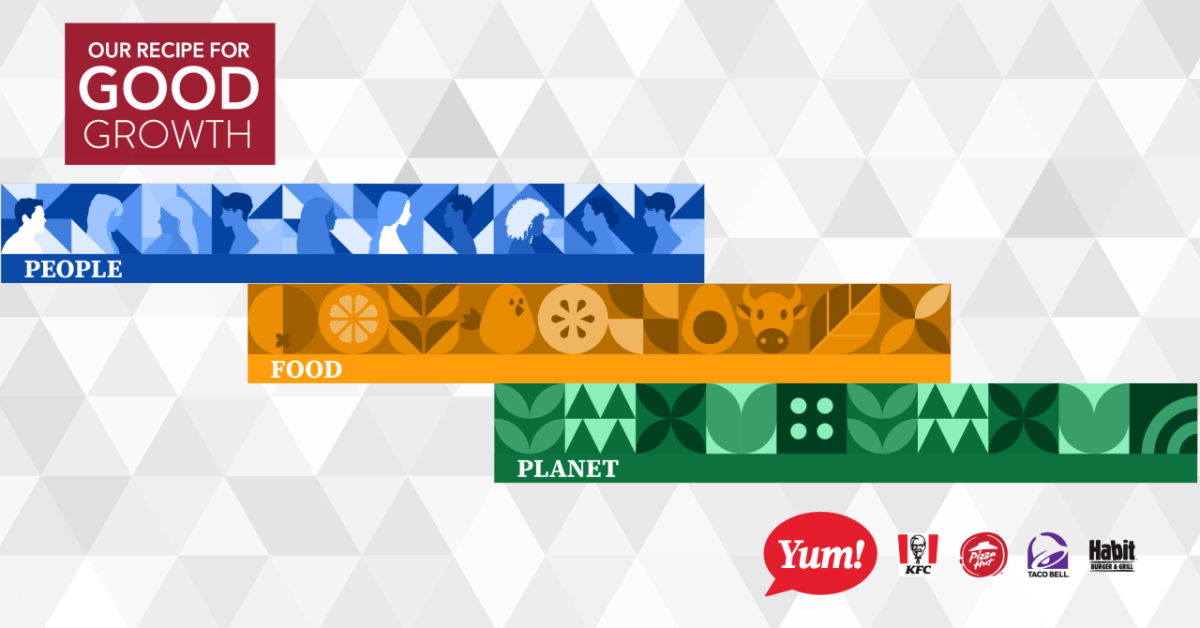 "Our Recipe for Good Growth. People. Food. Planet." Yum! Brands logos