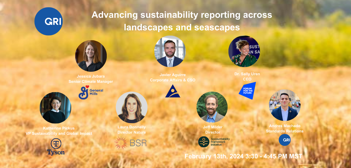 Profiles of different individuals and their respective company logos. "Advancing sustainability reporting across landscapes and seascapes."