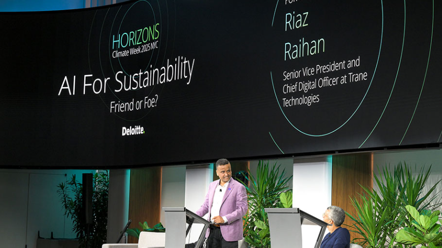 Trane Technologies' Chief Digital Officer Riaz Raihan outlines his case on how artificial intelligence is reshaping climate solutions, data-driven insights and sustainable innovation during a debate at Horizons hosted by Deloitte.