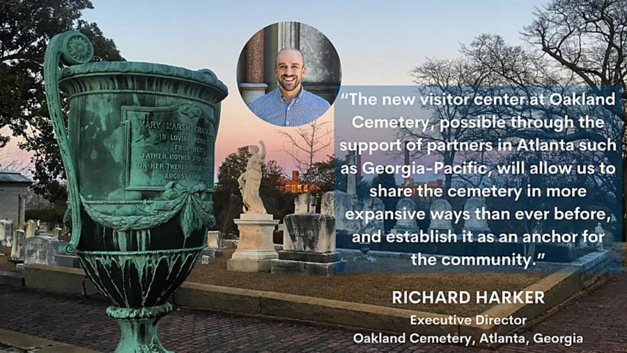 A large urn with quote from Richard Harker on the right.