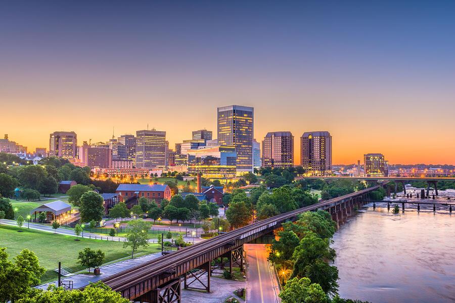 Richmond, Virginia is a growing technology and logistics hub for the southeastern United States. Richmond skyline at sunset
