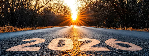 Road with setting sun and 2026