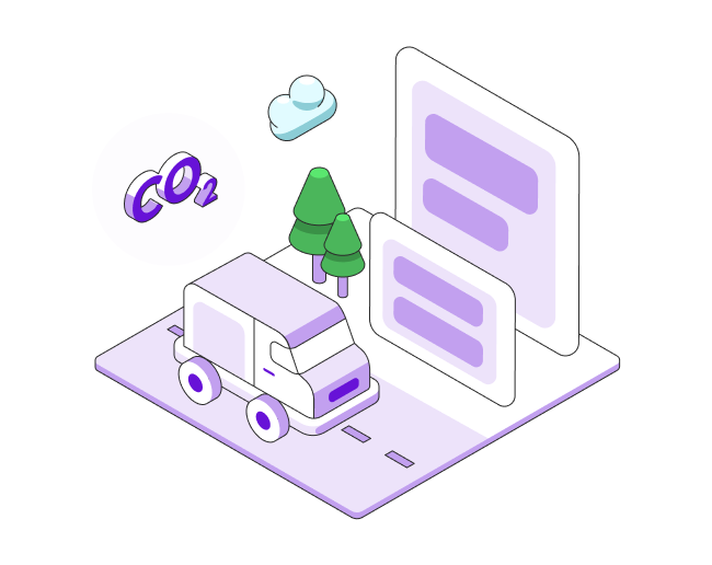 Fleet vehicle drives on a road with a CO2 icon behind it in the air and documents to the side. 