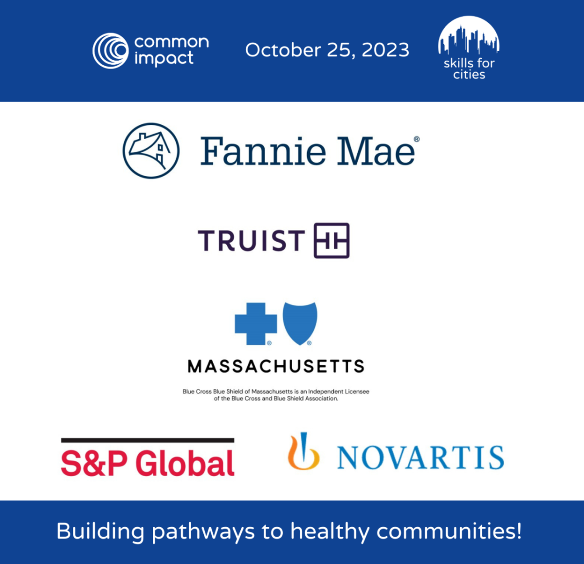 Skills for Cities Corporate Sponsor Logos: Fannie Mae, Truist, BCBSMA, S&P Global, and Novartis