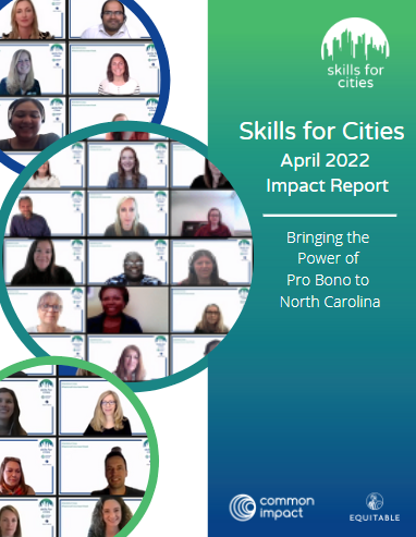 Cover page of the Skills for Cities April 2022 Impact Report featuring photos of dozens of volunteers and nonprofit participants. Logos for Skills for Cities, Common Impact, and Equitable.