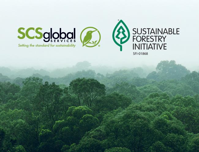 Forest landscape with SCS and SFI logos