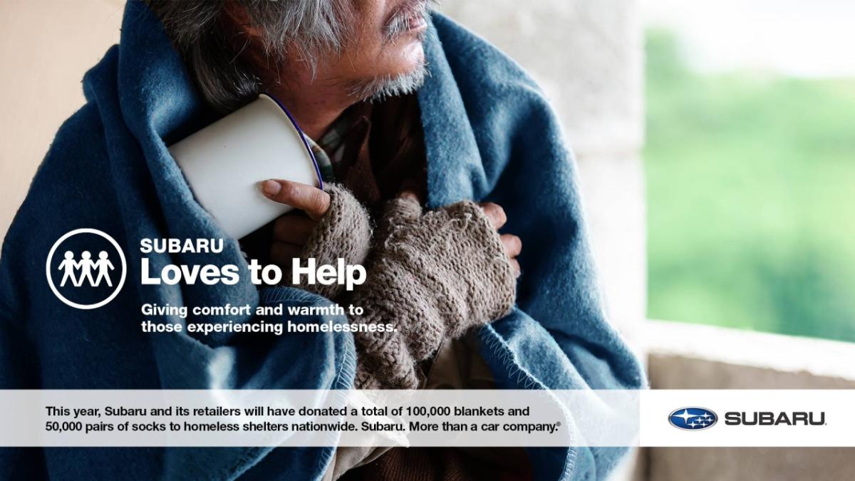 Subaru and its retailers are proud to donate a total of 100,000 blankets and 50,000 pairs of socks to homeless shelters nationwide.  