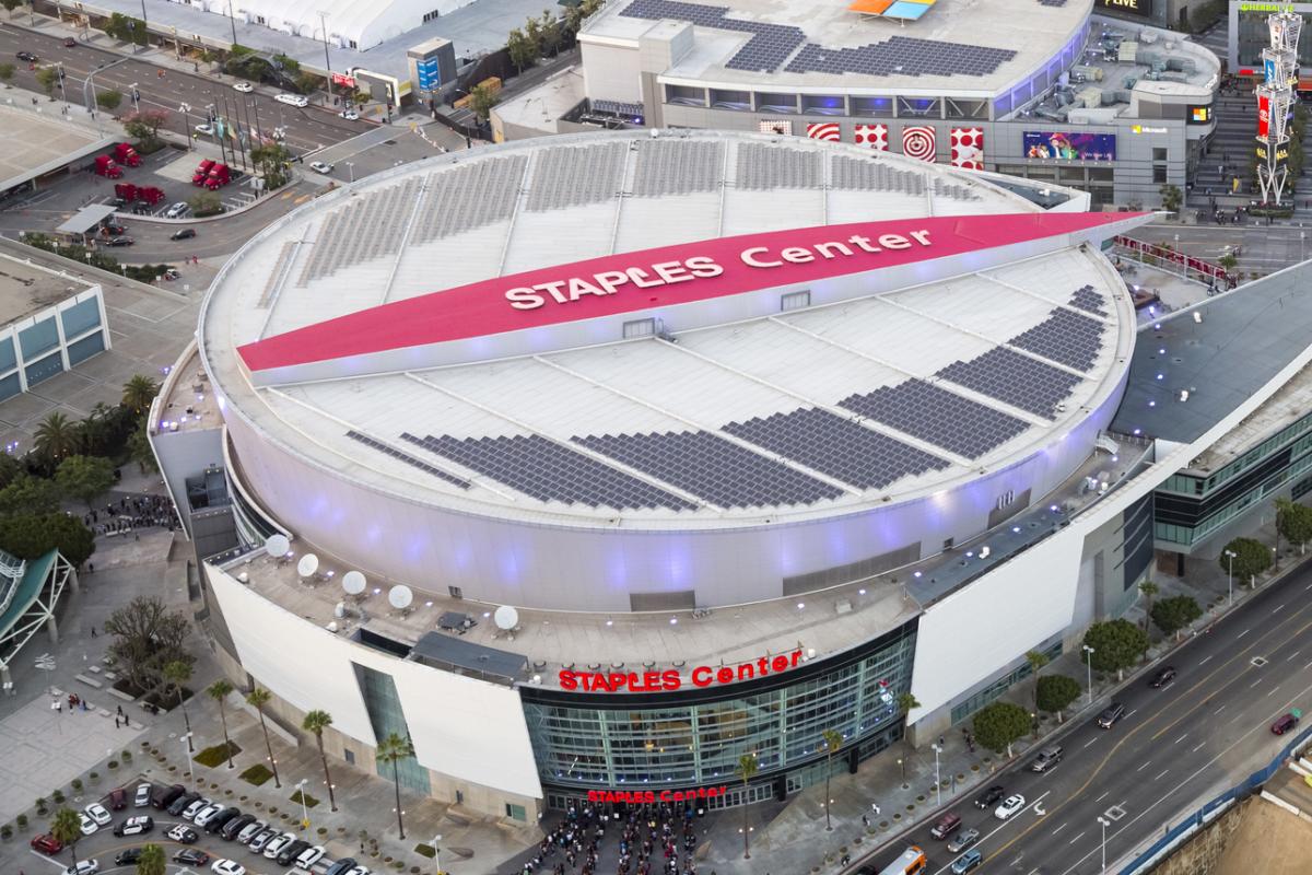 AEG’s STAPLES Center in downtown Los Angeles features rooftop solar panels that can generate up to a fifth of the arena’s power.