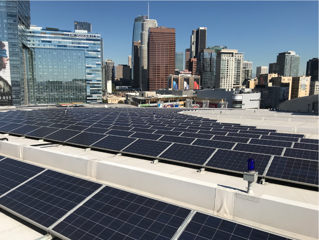 This solar installation atop the Staples Center at LA Live is just one example of how upgrades to sports and entertainment venues can support science-based targets.