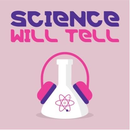 "Science Will Tell" is spelled out above a beaker logo that is topped with a pair of over the ear headphones. 