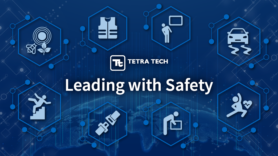 Blue graphic with health and safety icons and the words “Leading with Safety” 