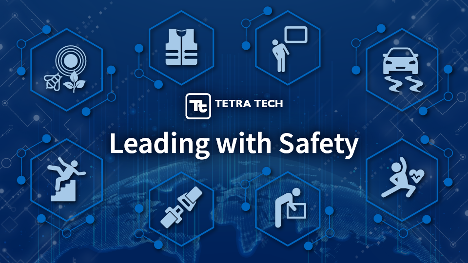 Blue graphic with health and safety icons and the words “Leading with Safety”