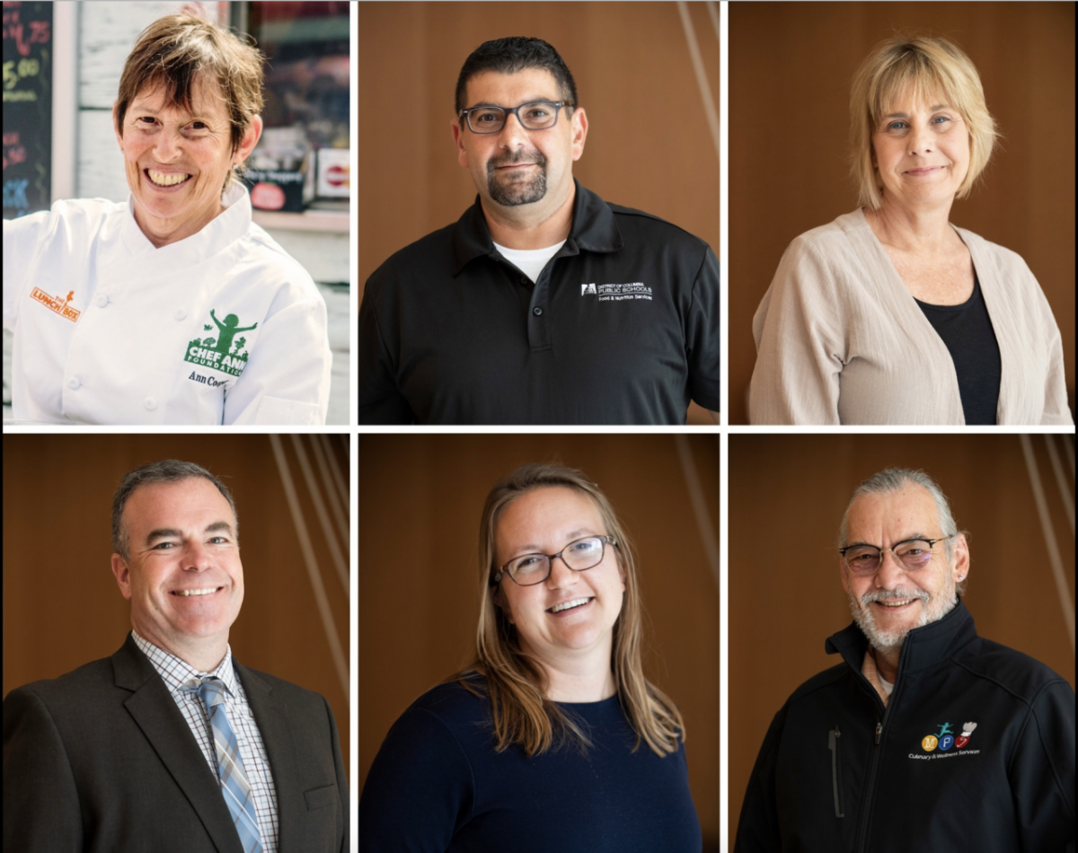 Founding school district leaders, from left to right, top to bottom: Chef Ann Cooper, Rob Jaber, Amy Maclosky, Stephen O'Brien, Anneliese Tanner, and Bertrand Weber