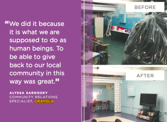 Crayola volunteers transformed a new multipurpose space for homeless residents to enjoy at the Third Street Alliance for Women & Children in Easton, Pennsylvania.