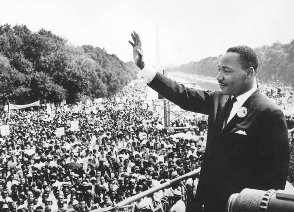 Black American civil rights leader Martin Luther King, Jr. (1929-1968) addresses crowds during the March On Washington at the Lincoln Memorial, where he delivered his ’I Have A Dream’ speech.