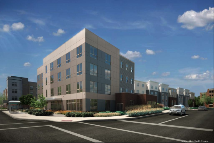 Rendering of Vía Sana — “healthy way” in Spanish — which will host 72 affordable rental apartments (background at right) and an on-site job training center (foreground) at W. 25th Street and Sackett Avenue. Image courtesy RDL Architects
