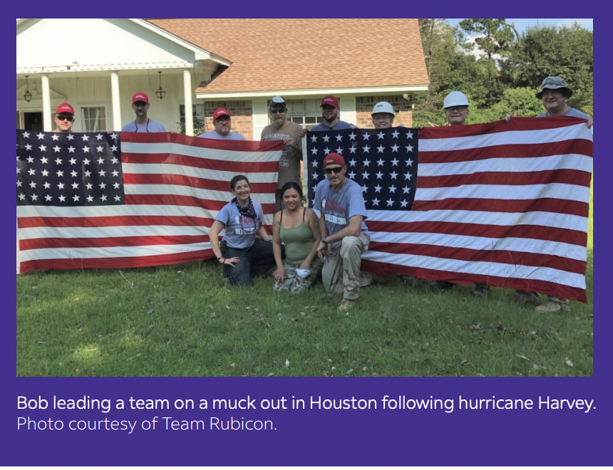 Bob leading a team on a muck out in Houston following hurricane Harvey. Photo courtesy of Team Rubicon