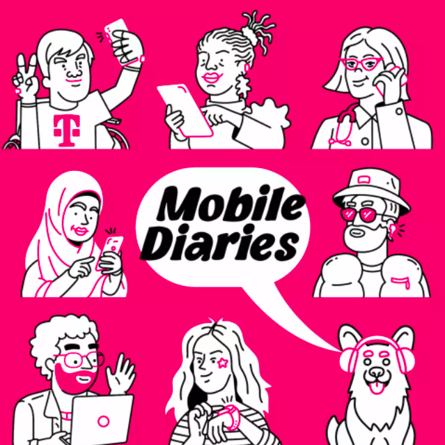 Illustration of people using their phones with text that says, "Mobile Diaries"