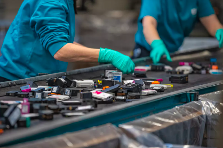 HP’s Planet Partners program collects devices, as well as ink and toner cartridges like the ones being sorted for recycling above, in 76 countries and territories worldwide.