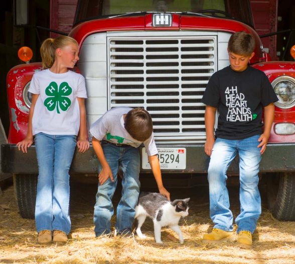 Three children wearing 4H shirts while one of them plays with a cat