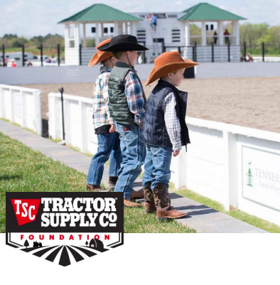 Three children wearing cowboy hats along with the Tractor Supply Foundation logo
