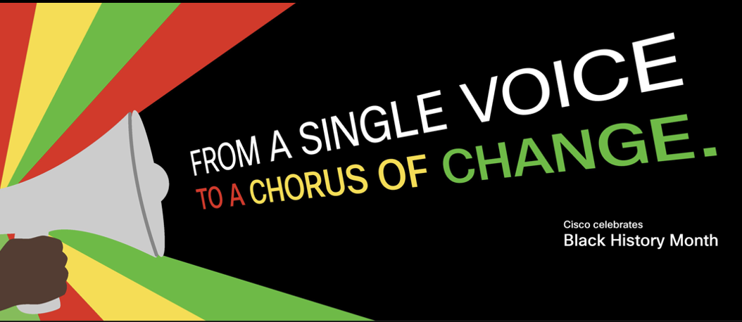 On the left a drawn hand holding a microphone with red yellow and green rays coming from it. "From a single voice to a chorus of change" Black history month.