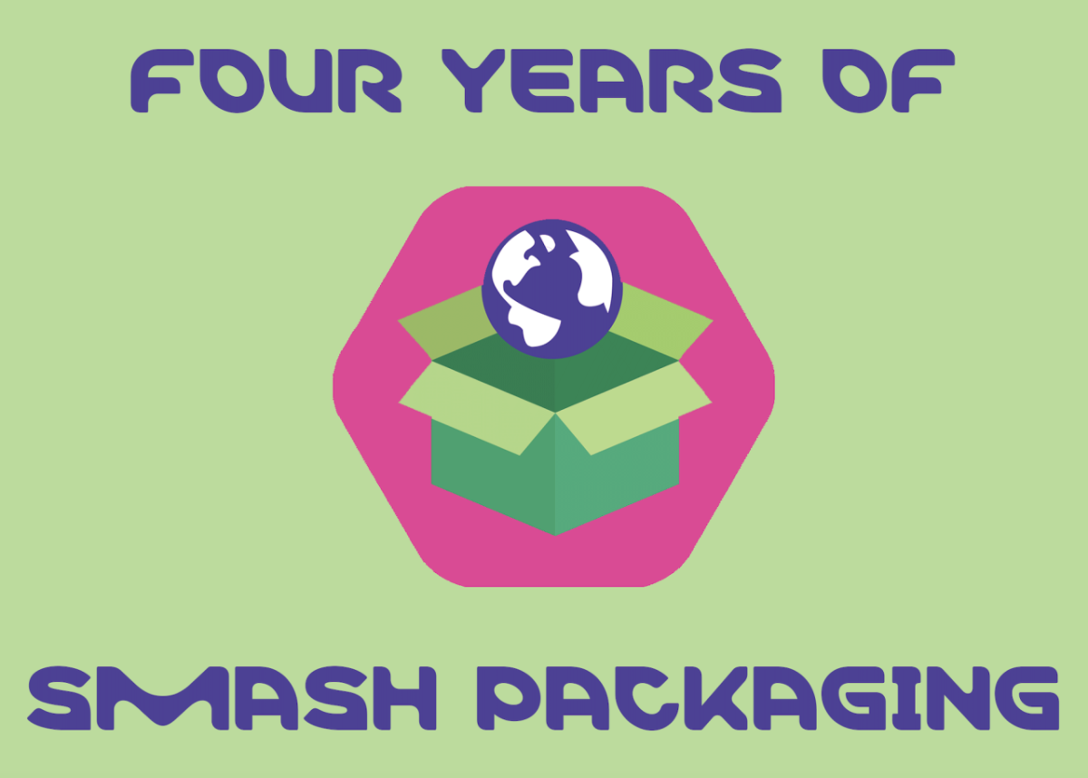 MilliporeSigma concludes its first four-year SMASH Packaging plan of driving significant sustainability improvements. In the coming weeks, the company plans to launch the next generation of its SMASH Packaging plan. Purple letters that read, "Four years of smash packaging" border a hexagon that highlights a box and various graphics such as scissors and a globe.