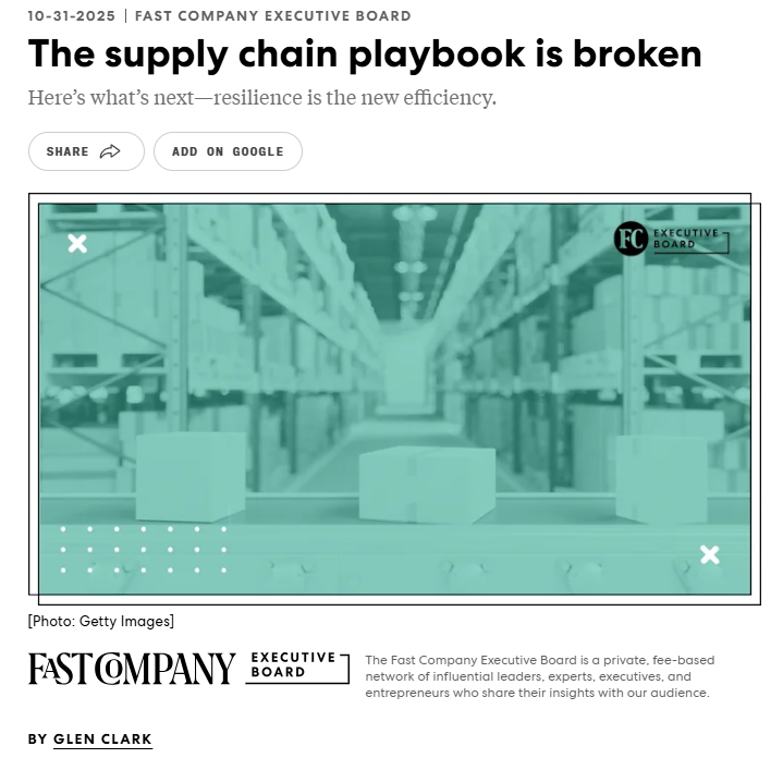 A modern warehouse with shelves of stacked boxes and an automated conveyor system, representing the transformation of global supply chains toward technology, efficiency, and resilience.