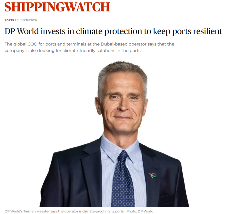 Portrait of Tiemen Meester, DP World's Global COO for Ports & Terminals, wearing a navy suit and blue tie, as featured in a ShippingWatch article about the company’s investments in climate protection and port resilience.