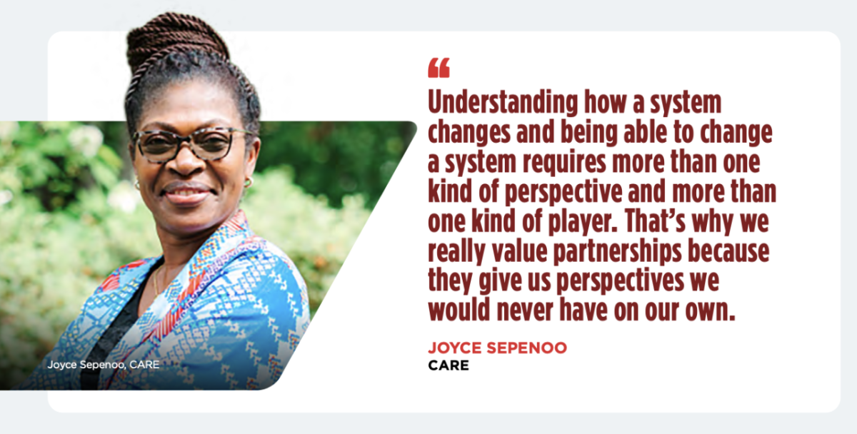 Quote and portrait photo that reads "Understanding how a system changes and being able to change a system requires more than one kind of perspective and more than one kind of player. That’s why we really value partnerships because they give us perspectives we would never have on our own"