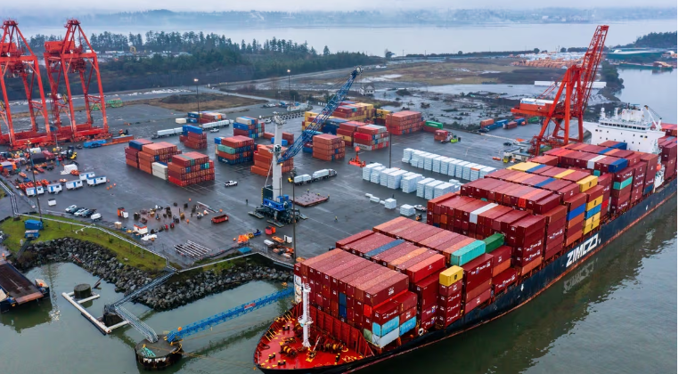 Aerial view of DP World's container terminal at the Port of Nanaimo