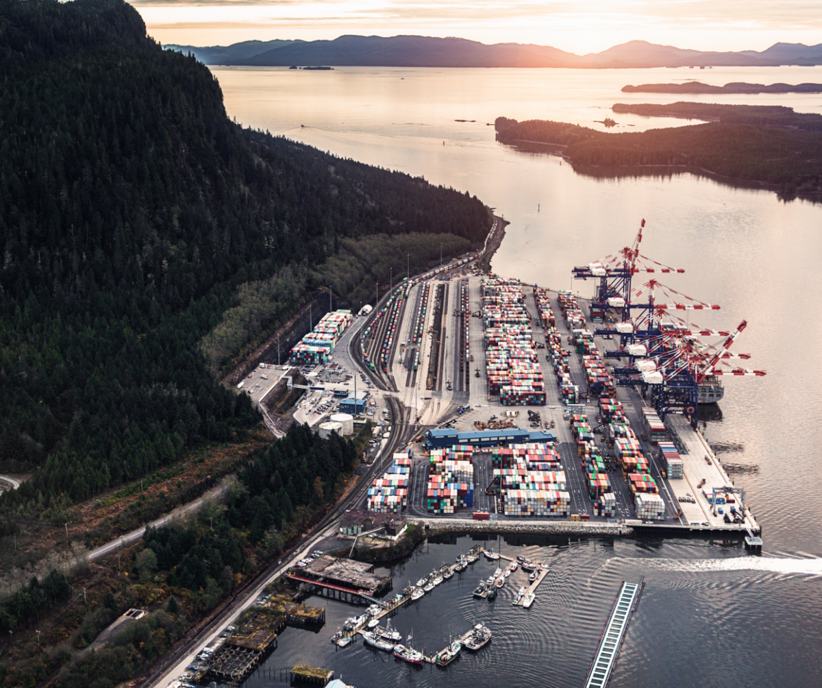 Aerial view of DP World's container terminal at the Port of Prince Rupert