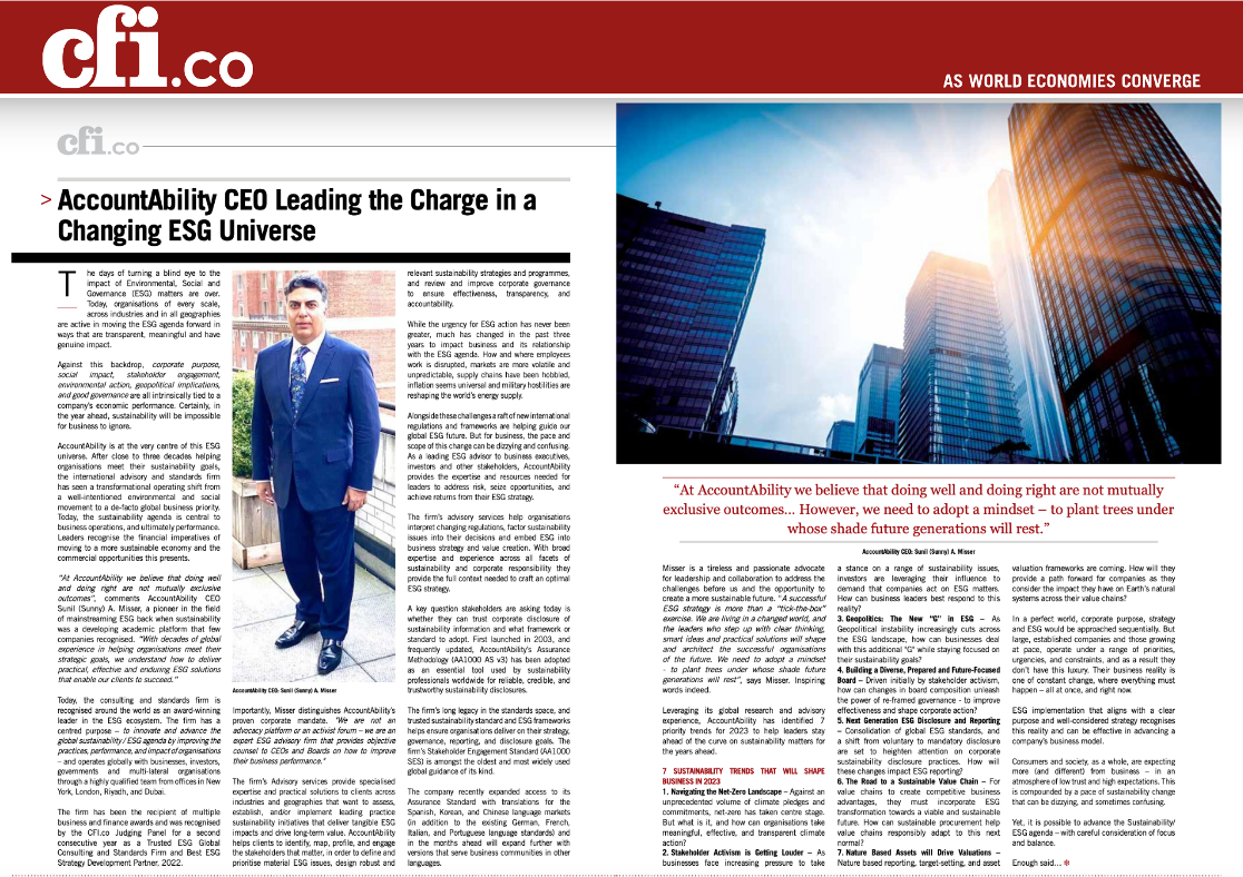 AccountAbility CEO Sunil (Sunny) A. Misser featured in the Spring issue of CFI.co