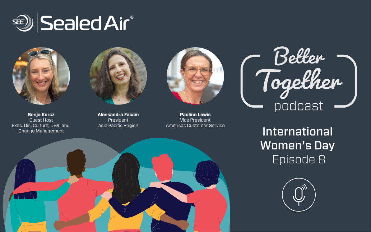 Headshots of Sealed Air employees heard on Ep. 8 of the company's podcast: Sonja Kurcz, Alessandra Faccin, and Pauline Lewis