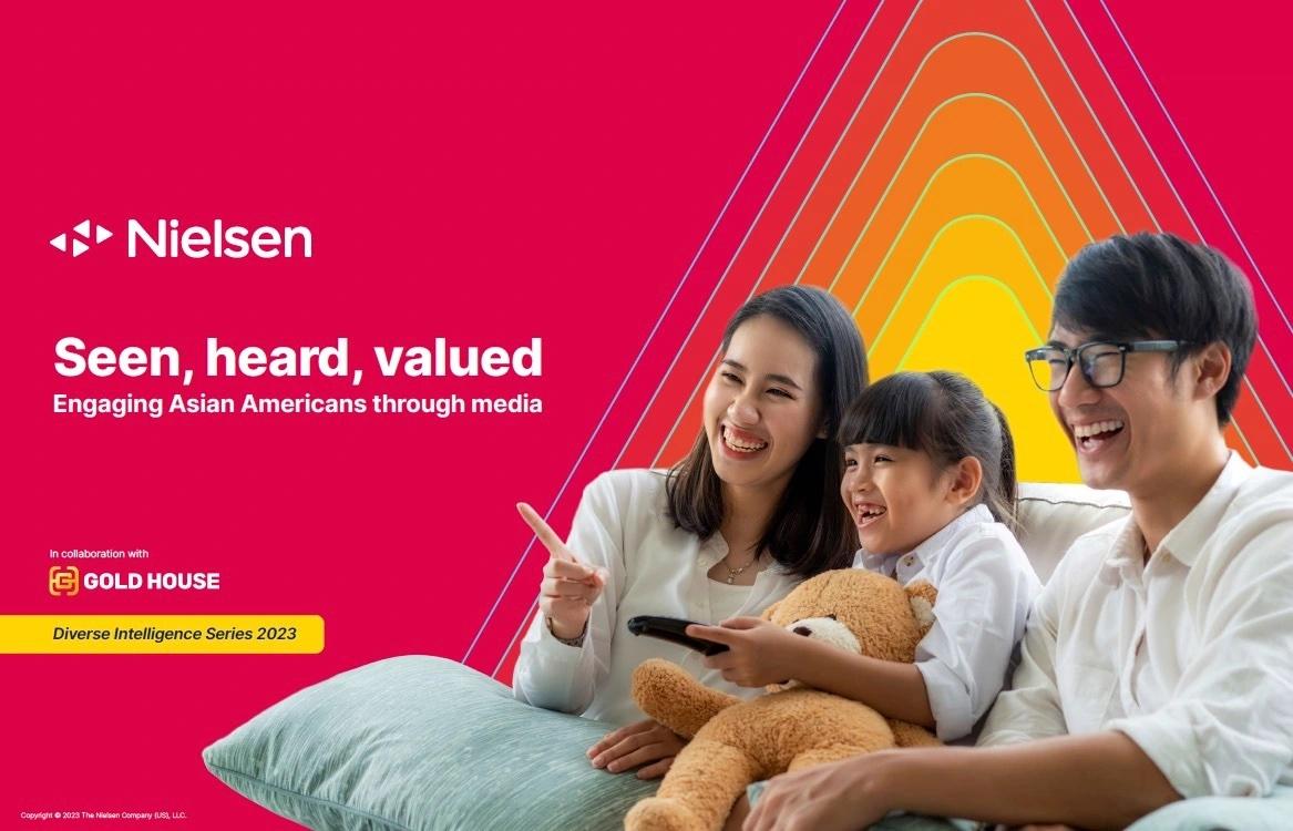 Nielsen: Seen, heard, valued. Asian family shown watching TV.