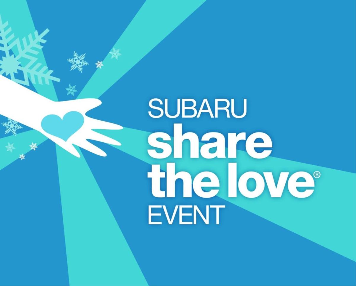 White text that reads "Subaru Share the Love® Event" on a blue background with an illustration of a hand with a love heart in the centre